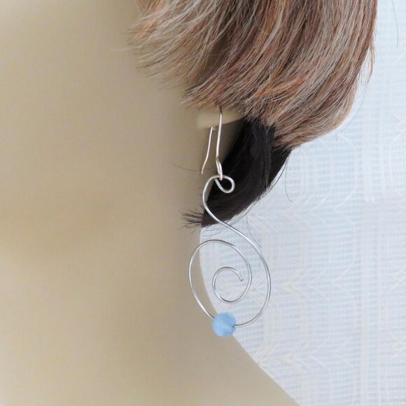 Silver Dangle Spiral Earrings with Blue Stone Handmade Lightweight Drop Earrings - Picture 5 of 8